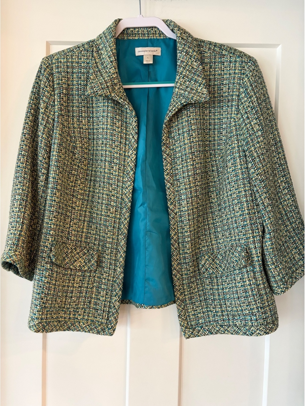 Christopher & Banks Teal Tweed-Look Open Front Jacket — Size XL